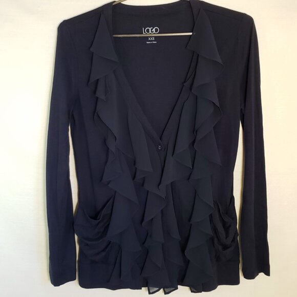 LOGO Soft Cotton Ruffle Front Cardigan Size XXS Semi Sheer Dark Romantic - Picture 5 of 6